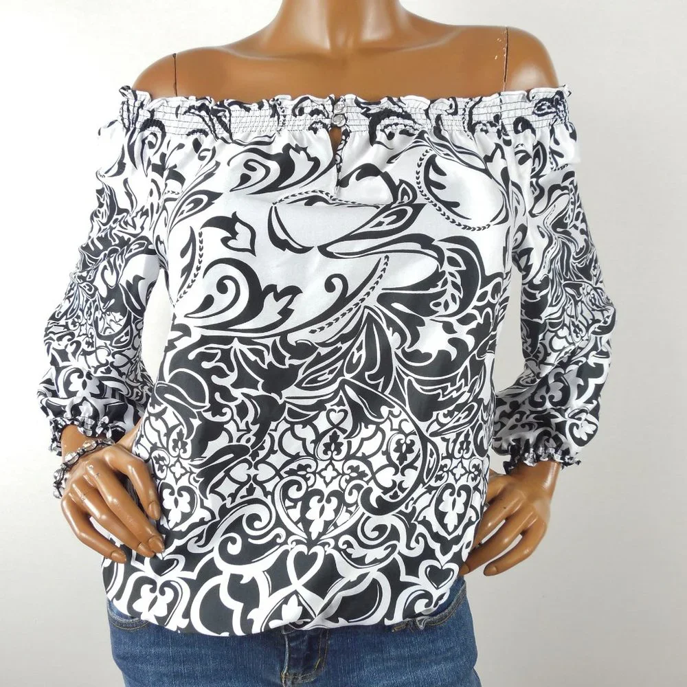 WHITE HOUSE BLACK MARKET Top L NWT Print Blouse Gem Buttons Party Shirt - Picture 2 of 12